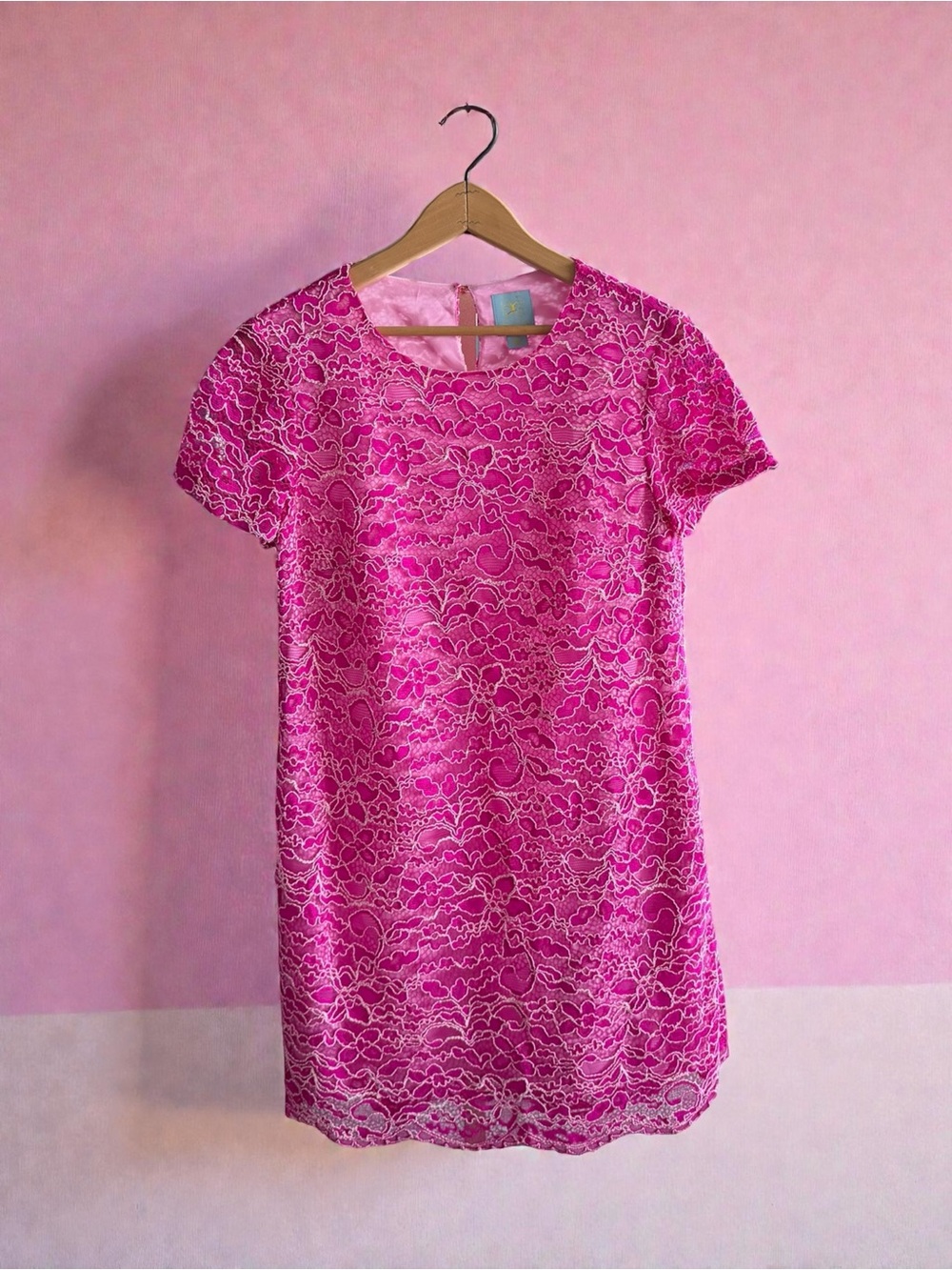 CeCe Hot Pink Lace-Effect Short Sleeve Shift Dress